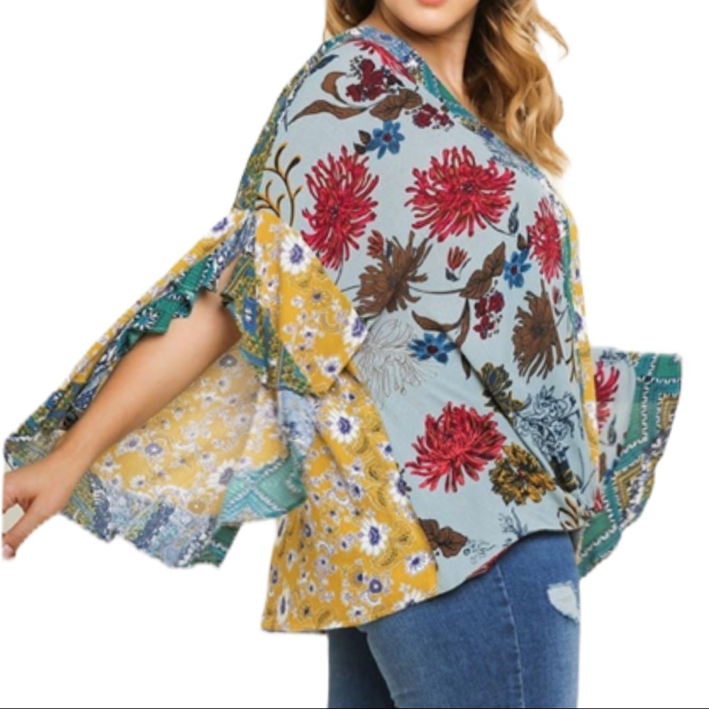 Multi-Floral Mix Print V-Neck Blouse